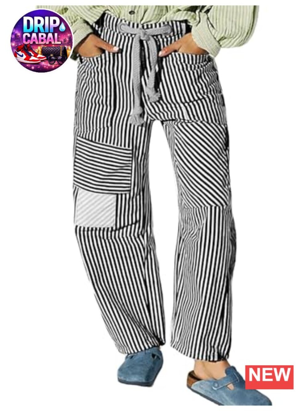Women's Baggy Barrel Jeans High Waist Wide Leg Striped Drawstring Y2K Boyfriend